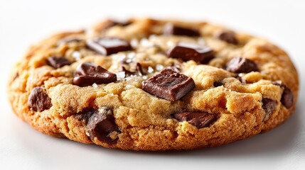 a fresh, golden-brown chocolate chip cookie with a chewy center and crispy edges on a white isolated background, sweet and indulgent design