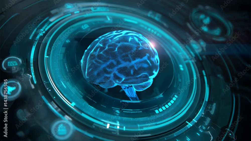 Poster Digital brain model within a futuristic technological interface, showcasing artificial intelligence, neural networks, or brain-computer interface concepts