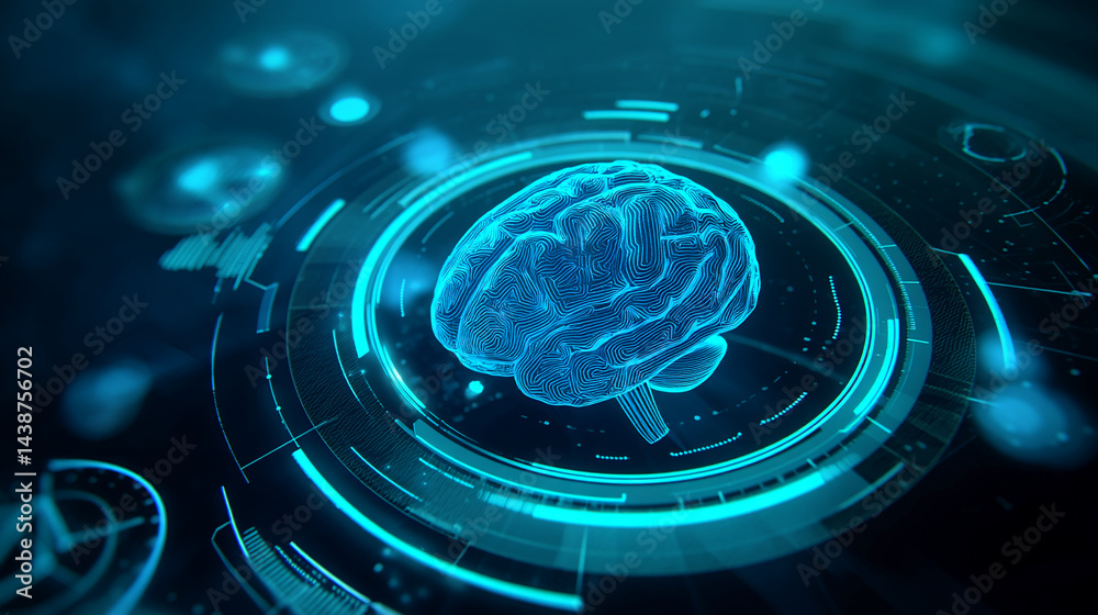 Poster stylized brain image, digitally rendered in vibrant cyan, showcased within a circular technological 