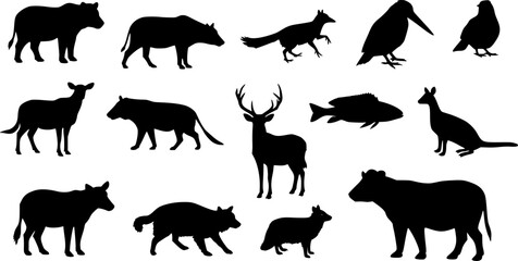 Obraz premium Animal silhouette collection. Set of black animal silhouette. Animal icons. Mammal, fish, insects, birds, reptiles silhouette collection. Wild, domestic animals icons