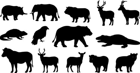 Naklejka premium Animal silhouette collection. Set of black animal silhouette. Animal icons. Mammal, fish, insects, birds, reptiles silhouette collection. Wild, domestic animals icons