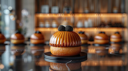 Gourmet Cream-Filled Pastry Topped with Blackberries on Glossy Counter in Caf&eacute;