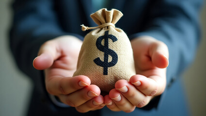 Symbol of Financial Success Hands Holding Burlap Money Bag with Dollar Sign