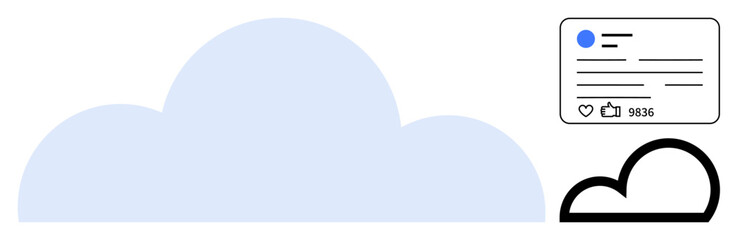Large cloud, bold line drawing of another cloud, compact social media post with user icon, thumbs ups, and comments. Ideal for technology, social media, networking, engagement cloud storage digital