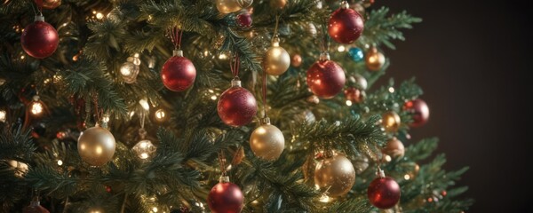 Fototapeta premium Ornate Christmas tree, vibrant baubles, soft bokeh lights , evergreen, vibrant