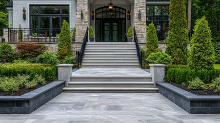 Fototapeta premium The entrance of a luxury home in Vancouver, painted grey, with stair steps and beautiful landscaping, on a sunny day in June 2024.