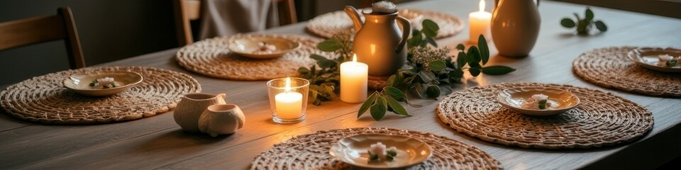 Cozy candlelit dinner table setting with woven placemats and warm decor