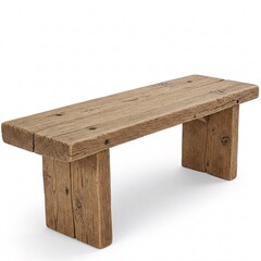 A rustic light brown wooden bench with a thick plank seat and sturdy block legs,