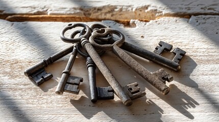 Various aged keys display intricate designs while casting delicate shadows on the weathered wooden surface, highlighting their history and craftsmanship in soft, warm light