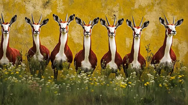 Row of red and white antelopes in a field against a yellow wall