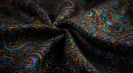 Close-Up of Vibrant Paisley Pattern Fabric with Rich Dark Colors and Details