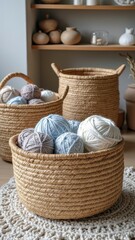 Fototapeta premium Woven baskets with colorful yarn balls on cozy crochet mat in craft room