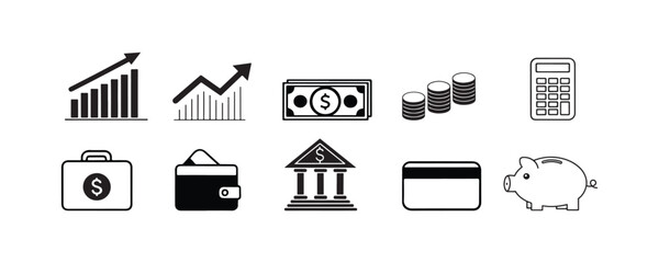 Financial Icons, Silhouette Vector Style on White Background