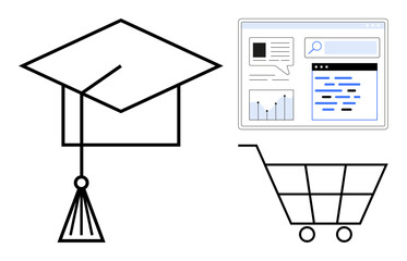 Graduation hat, shopping cart, and web browser interface highlight themes of elearning, virtual shopping, and digital innovation. Ideal for education, retail, technology, marketing modernization