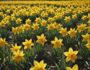 Obraz premium Sunlit field of vibrant yellow daffodils in full bloom, petals glistening , blossom, flora