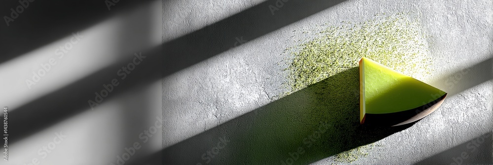 Aufkleber delicate slice of matcha cake illuminated by abstract shadows on textured surface