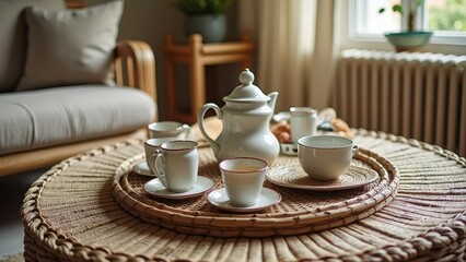 Obraz premium Cozy living room with wicker table setting featuring teapot and cups