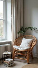 Cozy scandinavian living room corner with rattan chair and plant