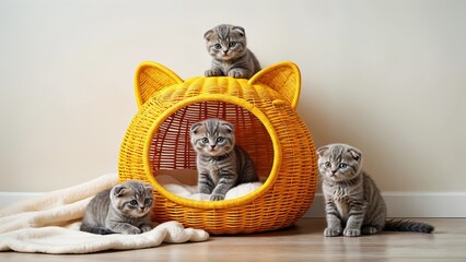 Obraz premium Four adorable kittens engage in playful antics around a whimsical yellow basket, basking in soft sunlight that fills the room, creating a warm and inviting atmosphere.