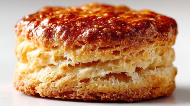 a close-up of a warm, golden-brown biscuit with a flaky, buttery texture on a white isolated background, soft and delicious design