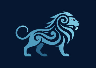 Fototapeta premium Abstract Blue Lion Design: This contemporary art piece features an abstract blue lion, rendered in a modern, minimalist style. The lion's mane is crafted with intricate swirling lines.