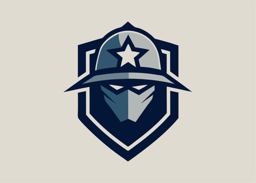 Shielded Sentinel: A powerful emblem of protection, featuring a stern figure cloaked in shadow, adorned with a helmet and star, set against a backdrop of a sturdy shield.