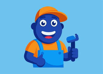 Friendly Builder: A smiling builder in blue overalls and a cap confidently holds a hammer, representing the values of craftsmanship, hard work, and building