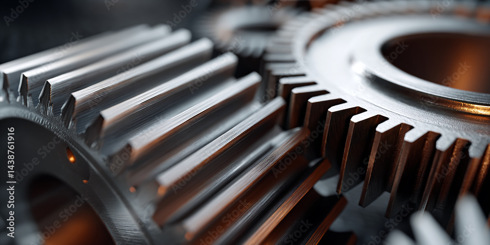 Poster close-up of metallic gears, showcasing intricate detail and texture, representing precision, enginee