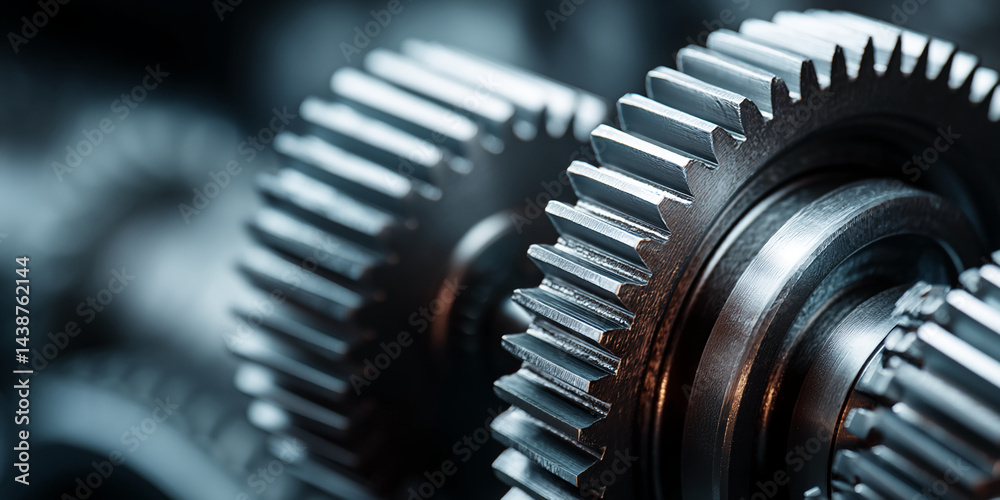 Poster close-up of metallic gears, showcasing intricate detail and precision engineering, symbolizing indus