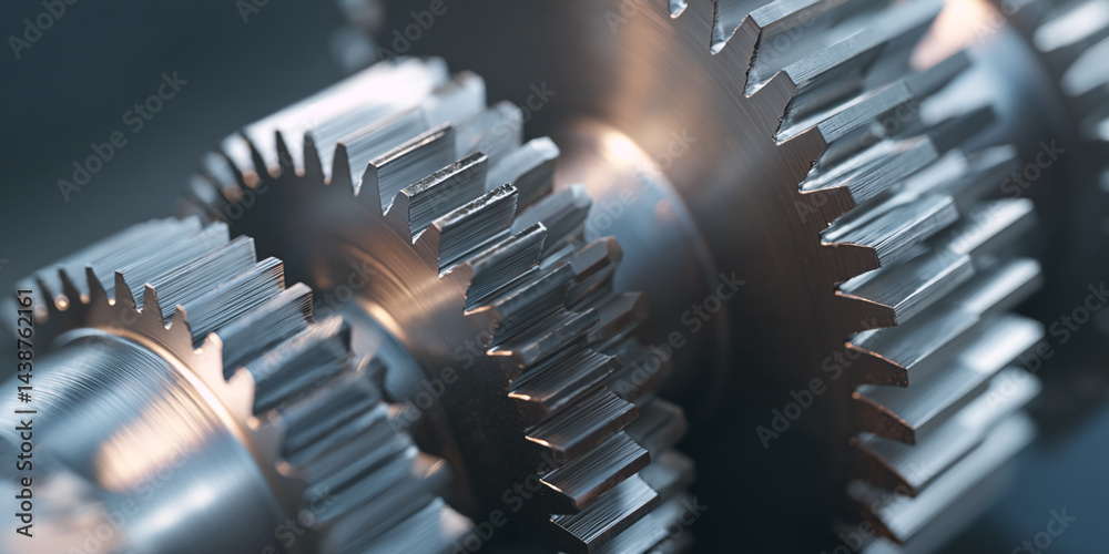 Poster close-up of metallic gears, showcasing intricate detail and precise engineering, symbolizing teamwor