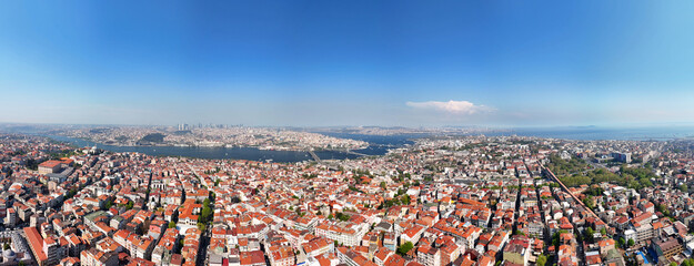 Panoramic View of Istanbul's Cityscape on a Sunny Day. High-angle, wide-shot view of Istanbul,...