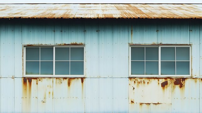 Rustic Blue Corrugated Metal Building Exterior with Windows