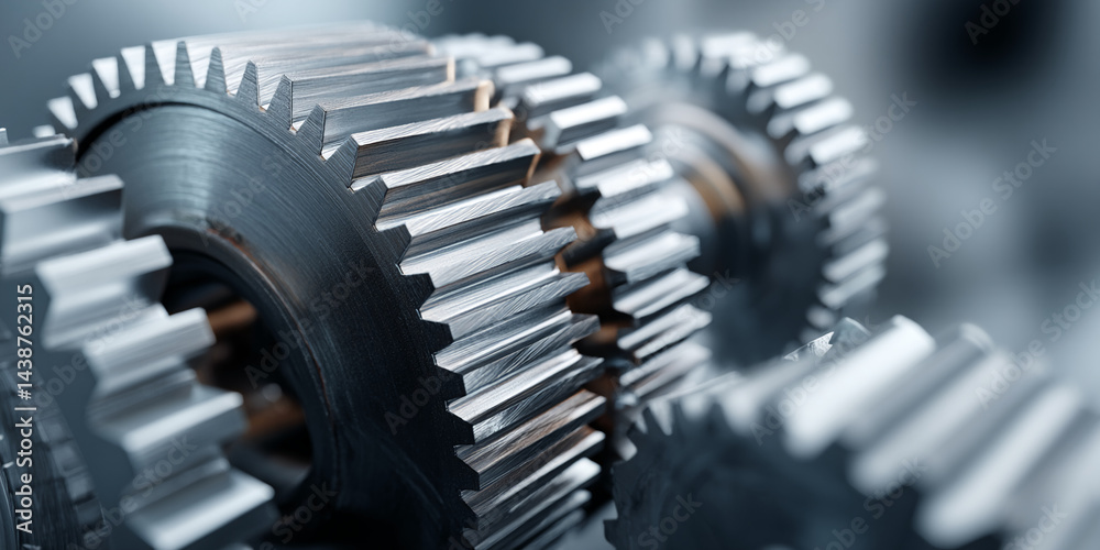 Poster close-up of metallic gears, showcasing intricate detail and precision engineering, symbolizing indus