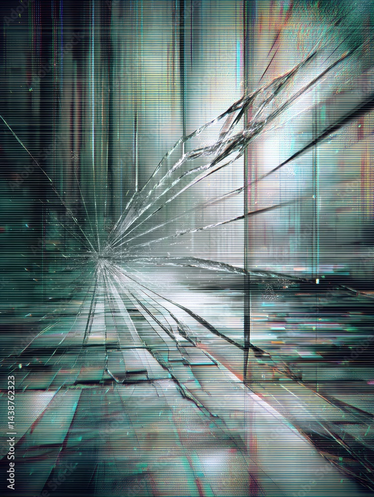 Poster Stylized Screen With Broken Glass and Glitch Effects Creating a Tech Metaphor of Disruption and Chaos in a Digital Environment