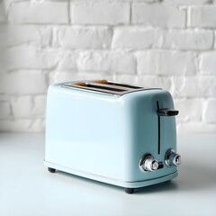 Brighten Morning Routines with Pastel Blue Toaster on Pristine White Minimalist Setting for Chic Kitchens