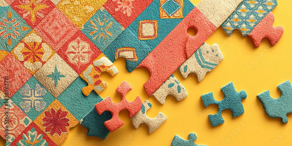 Poster colorful jigsaw puzzle pieces with floral patterns, partially assembled on yellow background, showca