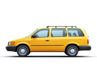 Side view of a bright yellow minivan against a plain white background
