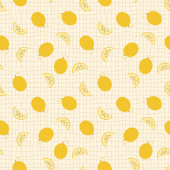 Groovy style melons seamless pattern on grid distorted background. Perfect print for fabric, paper, textile. Hand drawn  illustration.