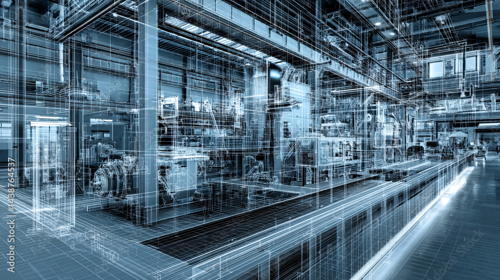 Poster wireframe rendering of industrial factory interior, showcasing complex machinery and infrastructure,