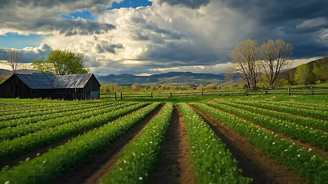 Rural farm landscape with rows of blooming plants, rustic barn under dramatic sky