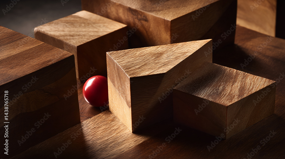 Poster Close-up of brown wooden blocks and a red sphere, forming an abstract composition, showcasing geometric shapes and textures, symbolizing design, structure, and problem-solving