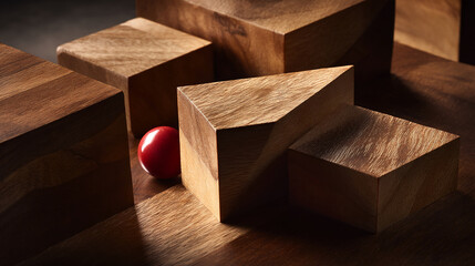 Close-up of brown wooden blocks and a red sphere, forming an abstract composition, showcasing geometric shapes and textures, symbolizing design, structure, and problem-solving