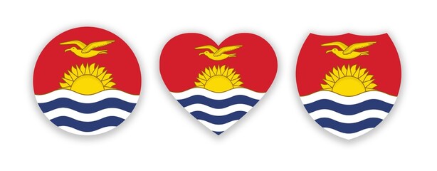 Kiribati national flag in a shape of circle, heart and shield isolated on white. Illustration