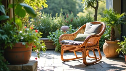 Serene outdoor patio with wicker chair surrounded by lush greenery