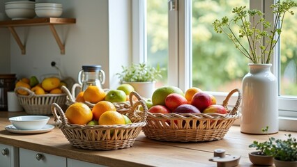 Bright and airy kitchen with baskets of fresh fruits and natural light