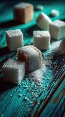Sugar cubes on teal wooden surface