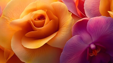 Obraz premium Vibrant Orange Rose and Purple Orchid Closeup