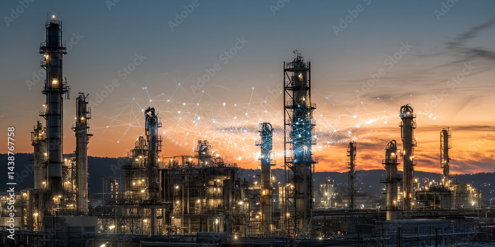 Poster night view of illuminated refinery with network connections, showcasing industrial technology and di