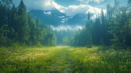 Green meadow with flowers. Forest with tall trees and mountains. Clouds and fog in the background. Beautiful outdoor scene. Serene landscape.