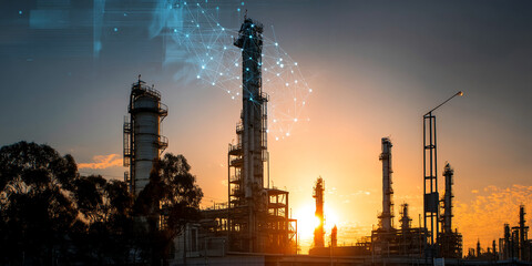 Silhouette of refinery at sunset, overlaid with network connections, showcasing industrial technology and digital transformation